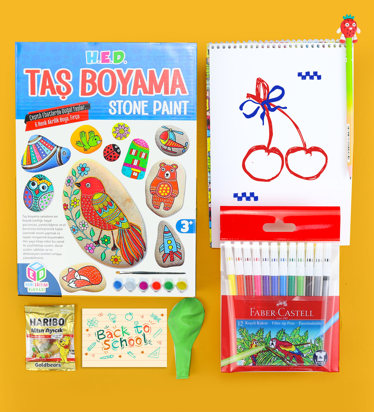 Taş Boyama & Resim Defteri & Balon & Haribo & Keçeli Kalem Hediye Seti