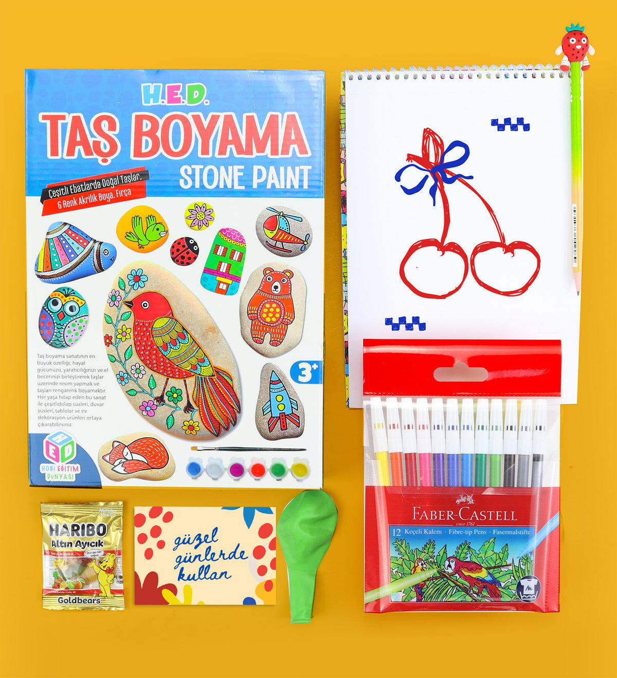 Taş Boyama & Resim Defteri & Balon & Haribo & Keçeli Kalem Hediye Seti