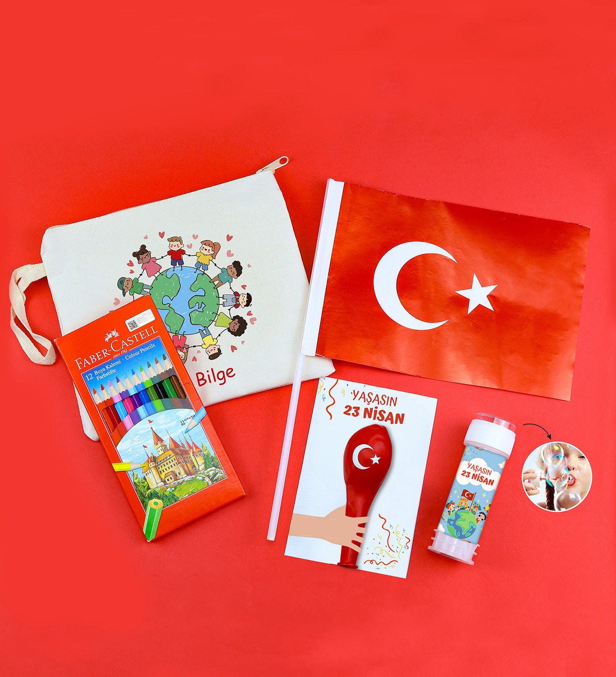 Faber Castell 12'li Kuru Boya & Bez Çanta & Türk Bayrağı & Balon & Köpük Baloncuk 23 Nisan Hediye Seti
