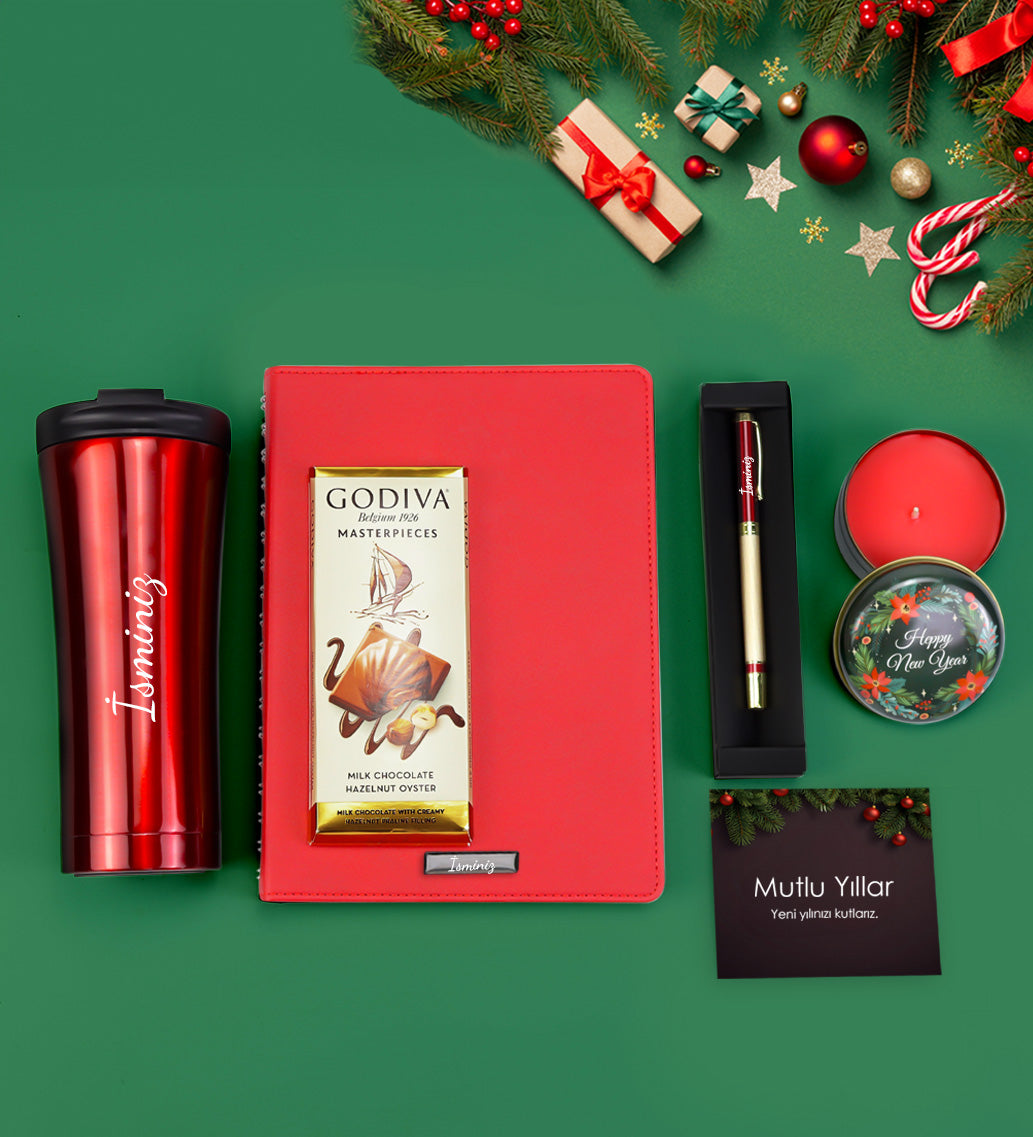Kişiye Özel Kırmızı Spiralli Yeni Yıl Tarihli Ajanda & 500ml Çelik Termos & Gold Roller Kalem & Yılbaşı Temalı Metal Kutulu Mum & Godiva Çikolata Hediye Seti
