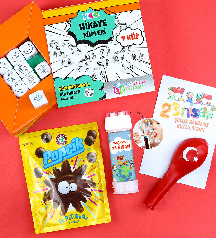 Hikaye Küpleri Sözel Zeka Oyunu & Köpük Baloncuk & Balon & Popçik Çikolata 23 Nisan Hediye Seti