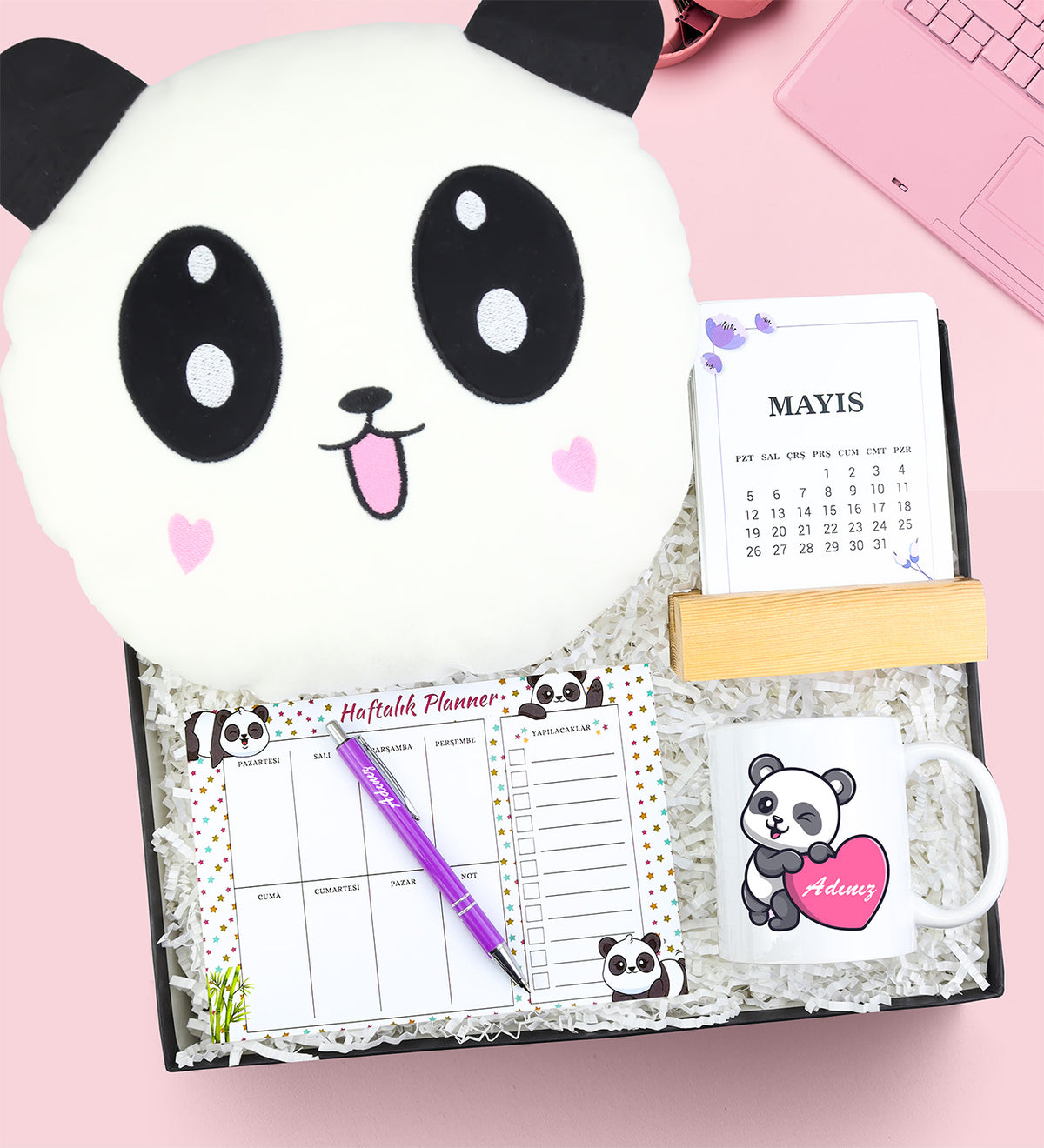 Takvim & Planner & Kupa & Peluş Panda Yastık Hediye Seti