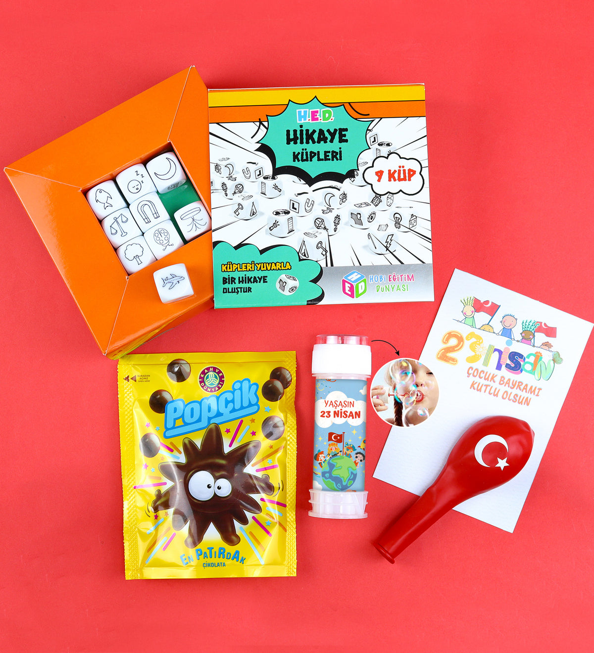 Hikaye Küpleri Sözel Zeka Oyunu & Köpük Baloncuk & Balon & Popçik Çikolata 23 Nisan Hediye Seti