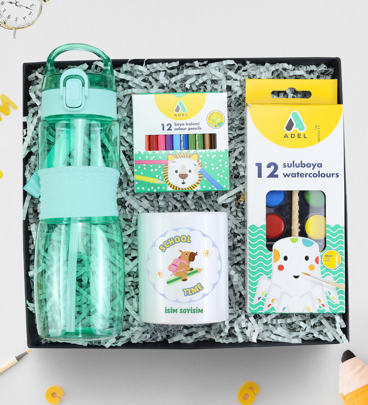 Pipetli Matara 750ml & Adel Sulu Boya & 12'li Boya Kalemi & Kalemlik Hediye Seti