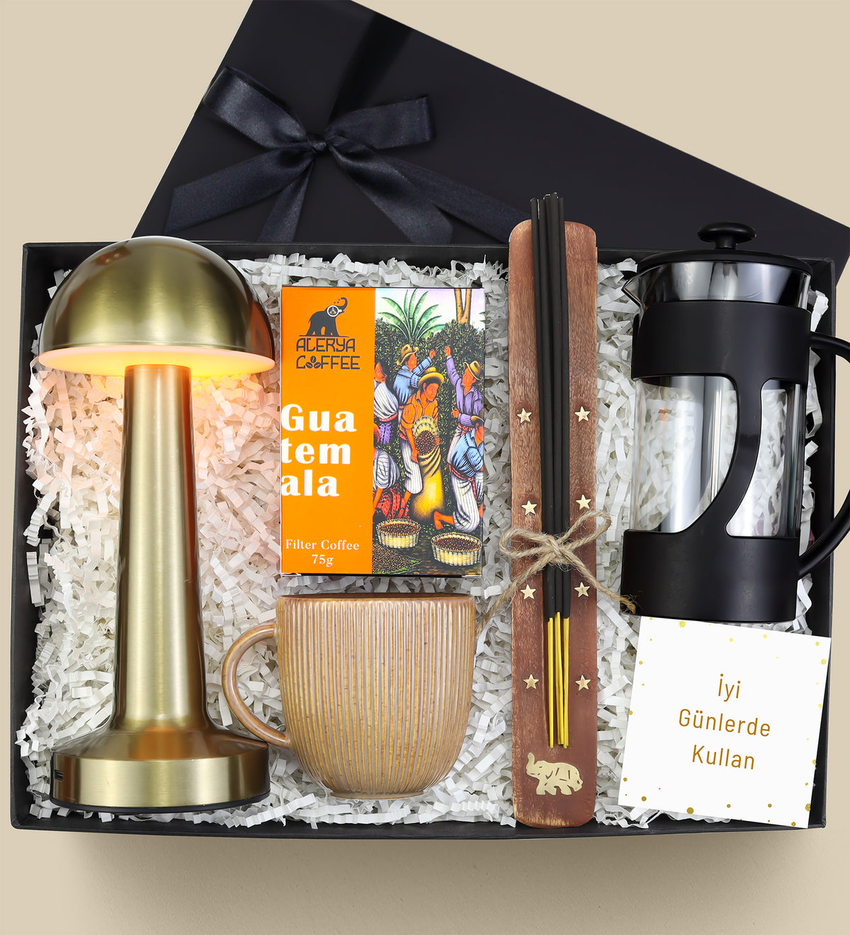 Gold Mantar Masa Lambası & Porselen Kupa & Çubuk Tütsü & Filtre Kahve & French Press Premium Hediye Seti