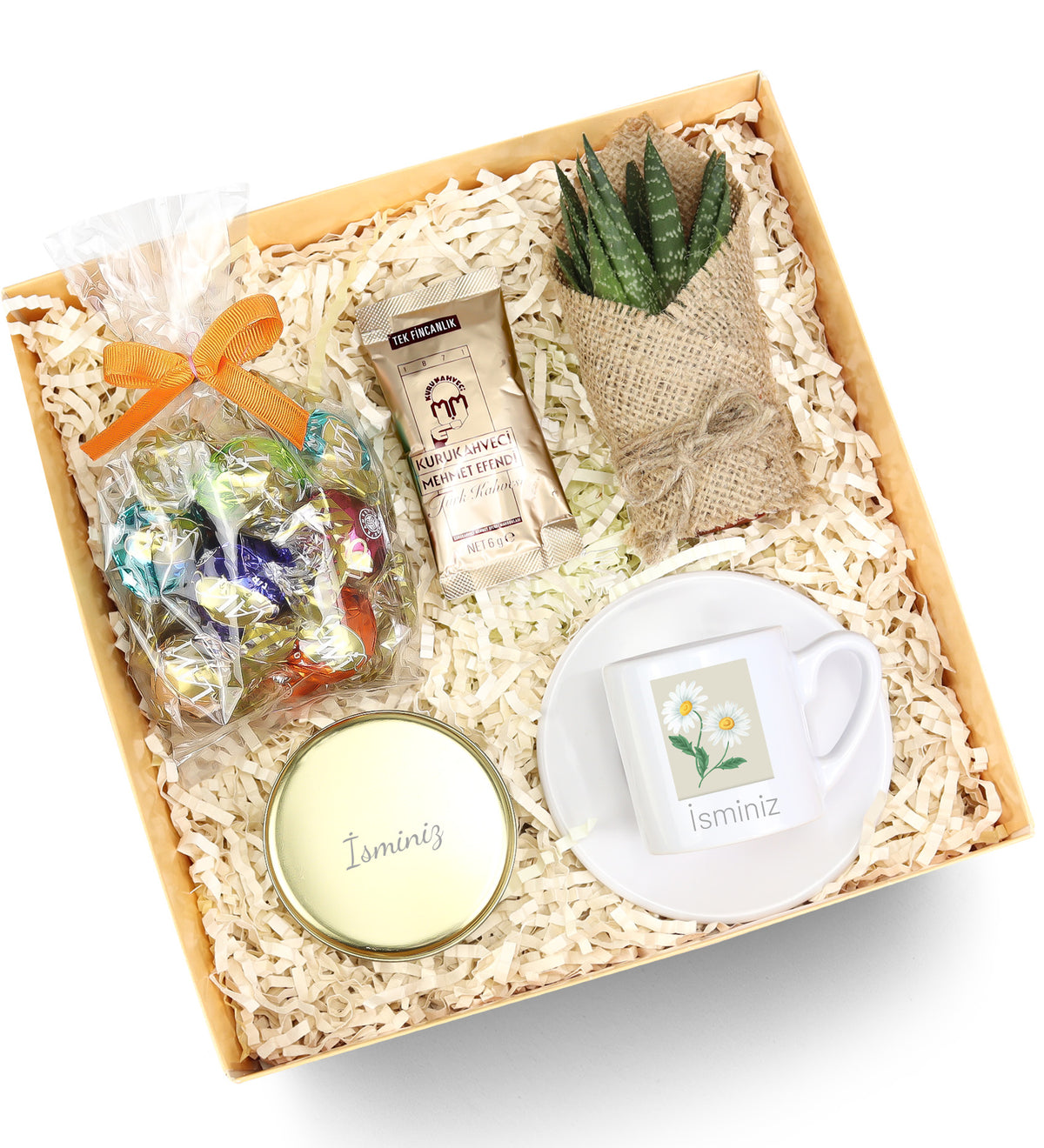 Fincan & Sukulent Çiçek & Mehmet Efendi Türk Kahvesi & Mum & Lavi Çikolata Hediye Seti