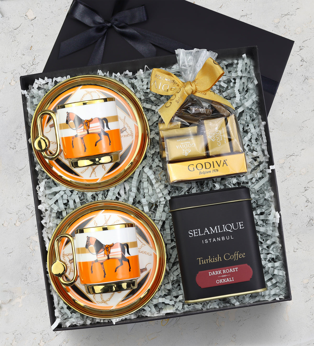 2 li Porselen Fincan & Godiva Çikolata & Selamlıque Türk Kahvesi Premium Hediye Seti