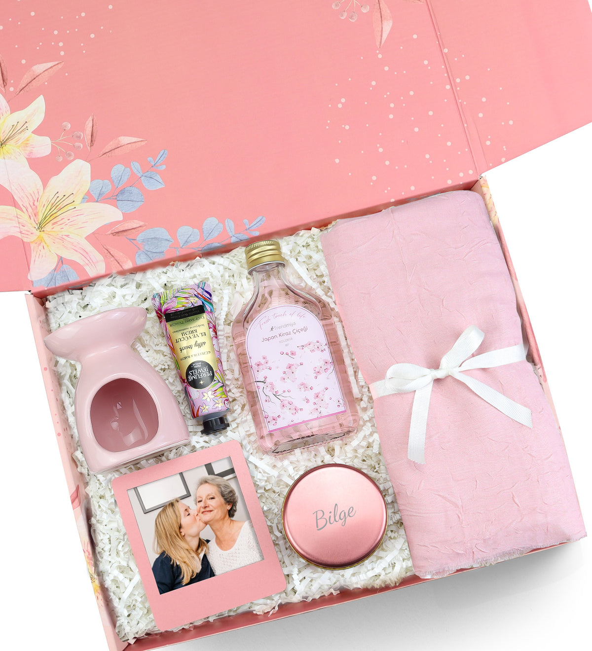 Pembe Şal & Kolonya & Eyüp Sabri Tuncer El ve Vücut Kremi & Buhurdanlık & Çerçeve & Mum Hediye Seti