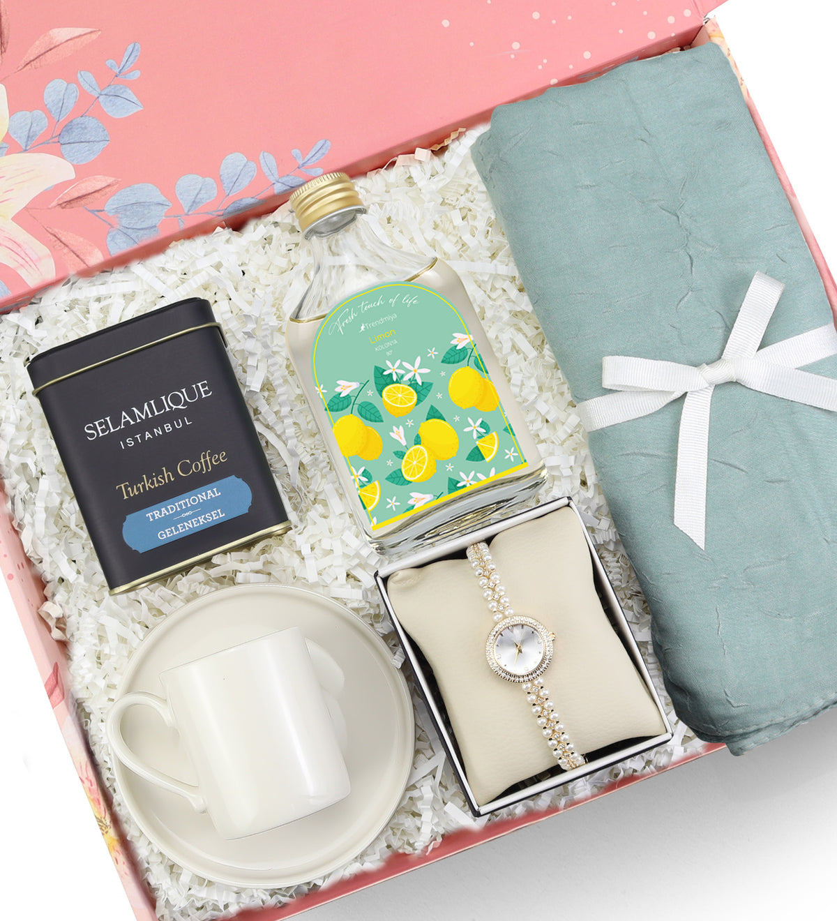 Fincan & Şal & Saat & Kolonya & Türk Kahvesi Hediye Seti