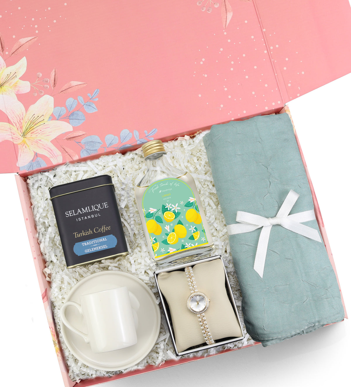 Fincan & Şal & Saat & Kolonya & Türk Kahvesi Hediye Seti