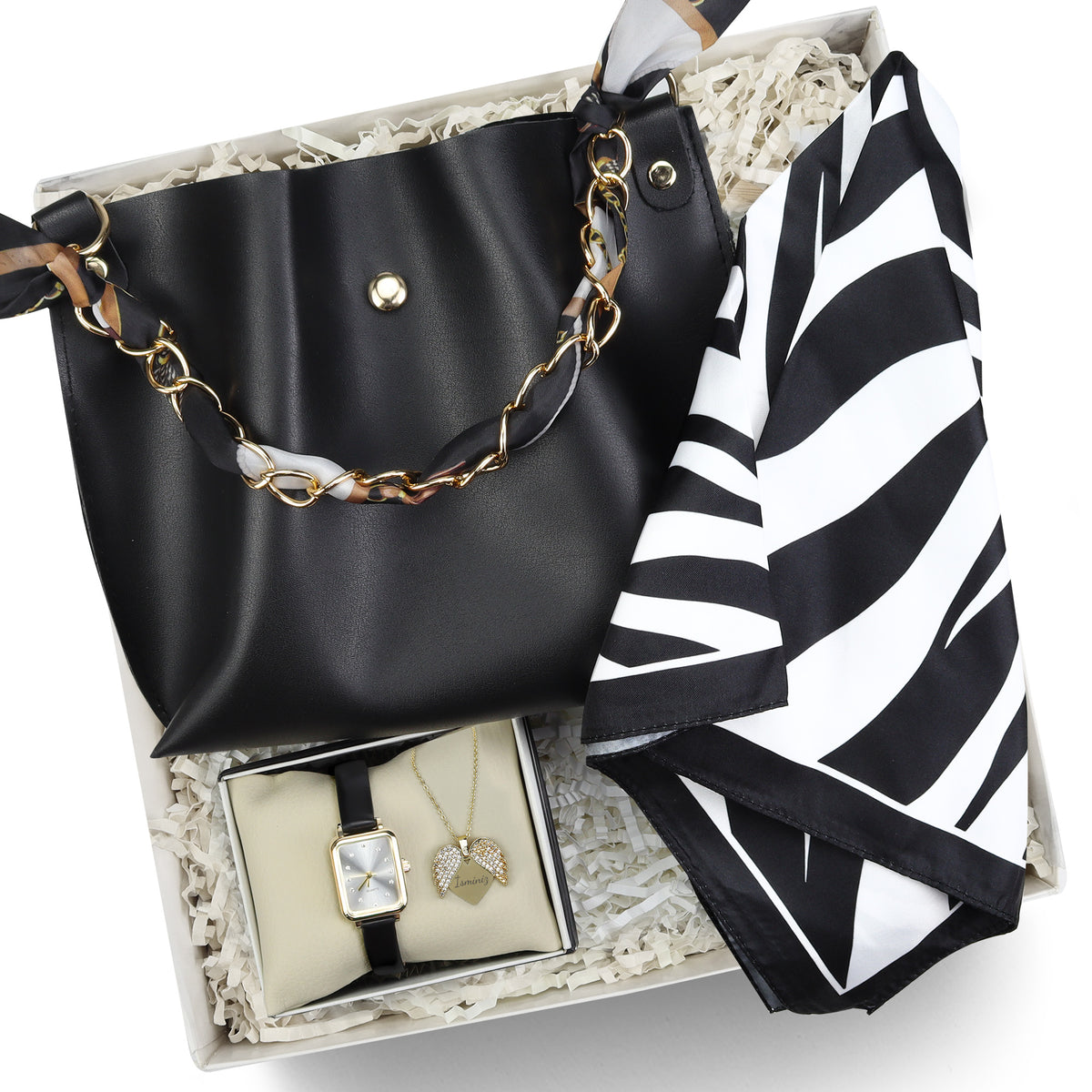 Kişiye Özel Melek Kolye & Zebra Fular & Saat & Çanta Anneler Günü Hediye Seti