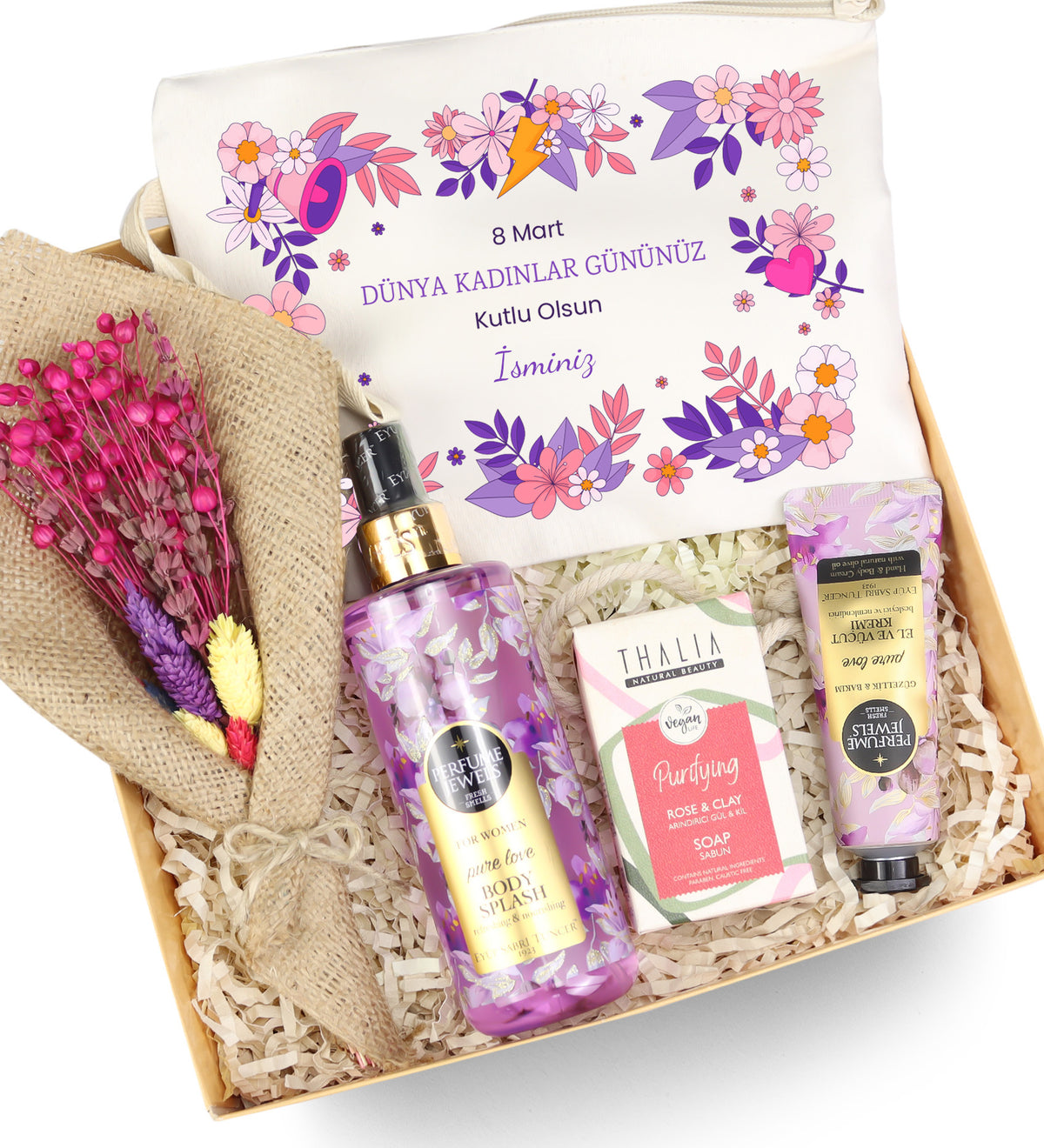 Kurutulmuş Çiçek Buketi & Baskılı Ham Bez Çanta & Eyüp Sabri Tuncer Vücut Spreyi & Eyüp Sabri Tuncer El ve Vücut Kremi & Thalia Sabun