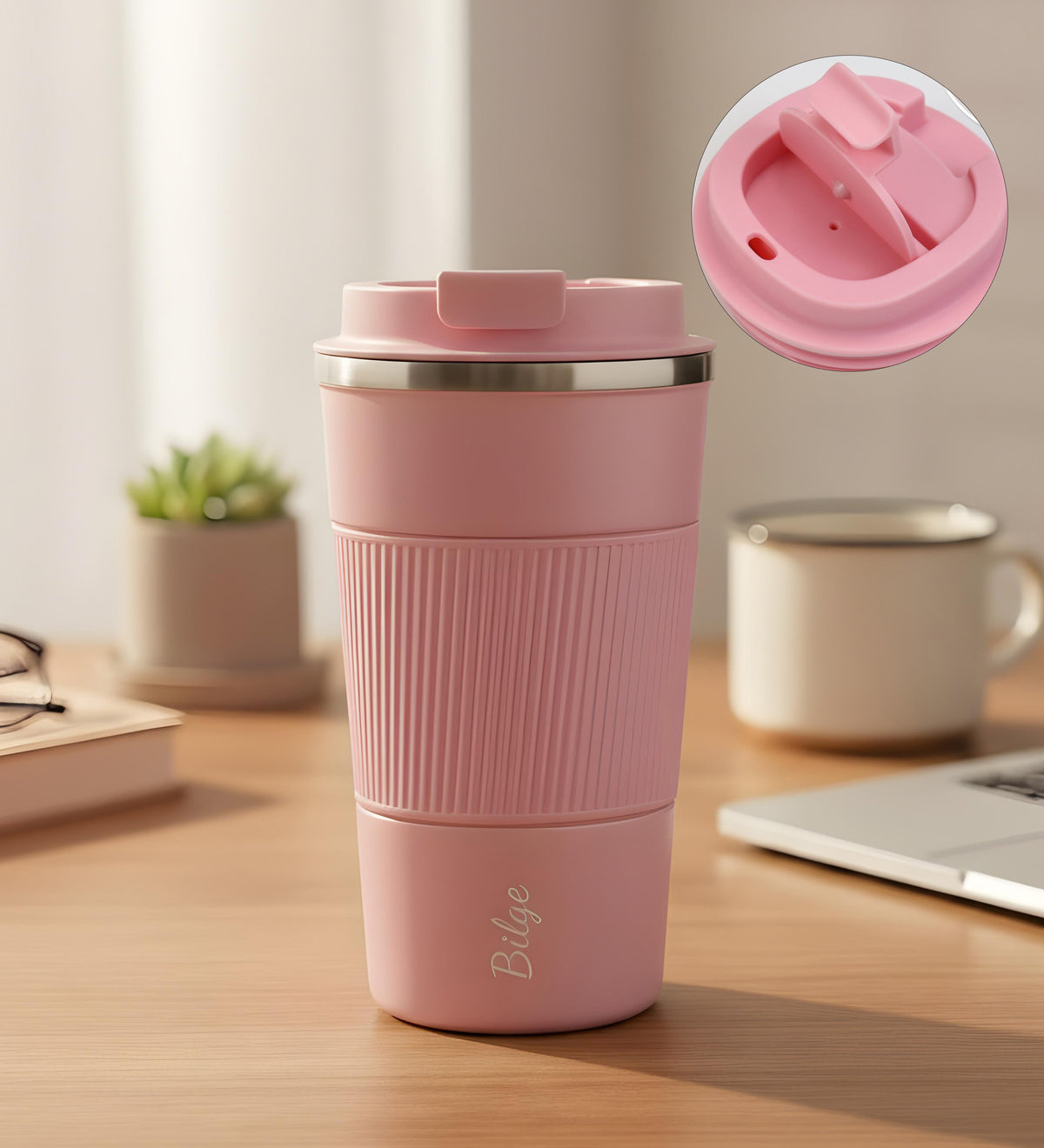 Silikonlu Pembe Termos