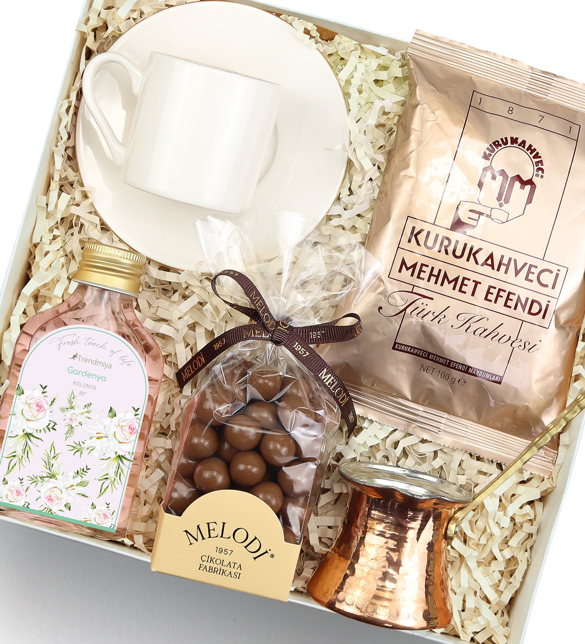 Melodi Çikolata & Mehmet Efendi Türk Kahvesi & Fincan & Cezve & Kolonya Hediye Seti