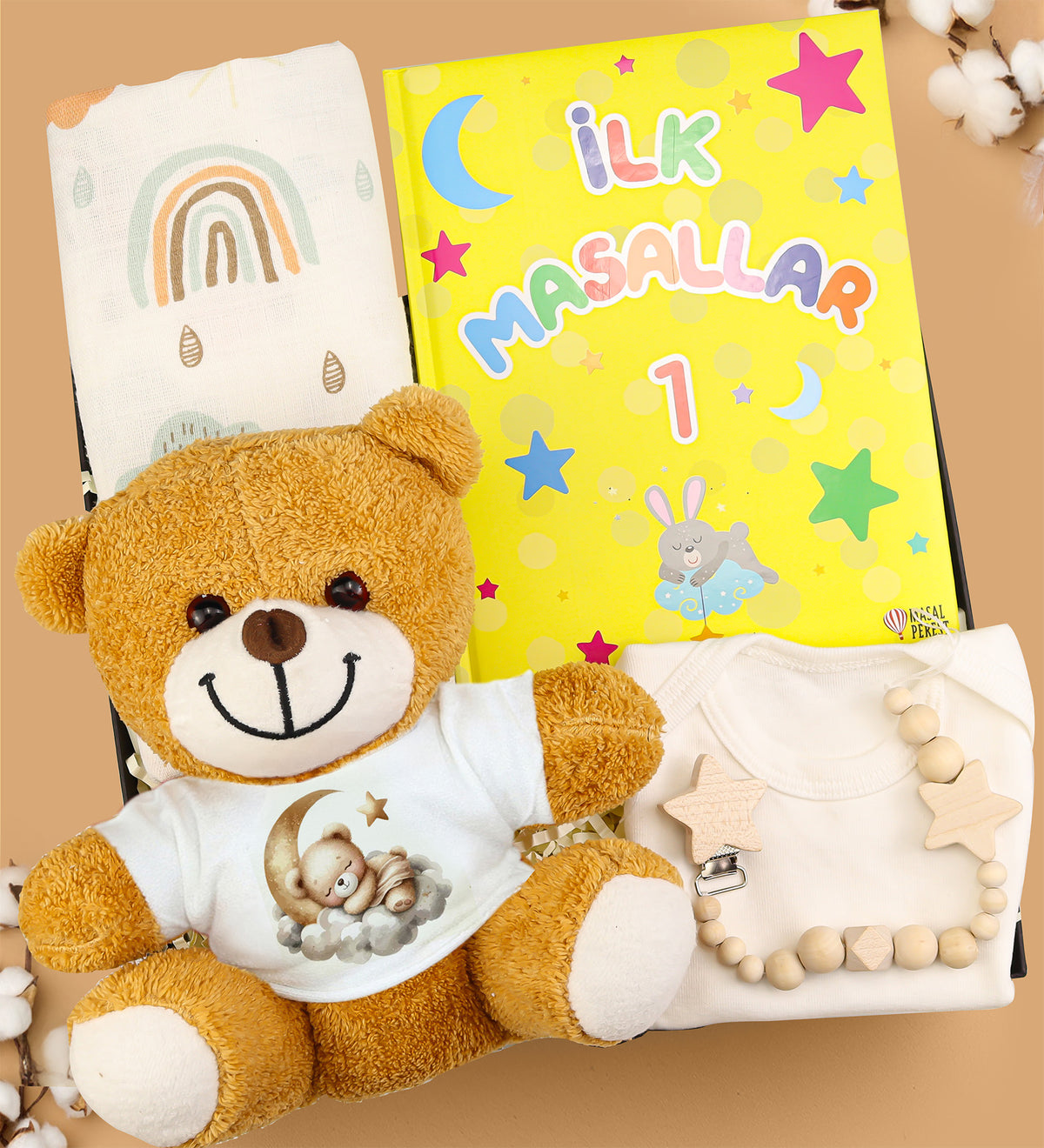 İlk Masallar Çocuk Kitabı & Zıbın & Pelüş Ayıcık & Emzik Tutucu Yenidoğan Hediye Seti