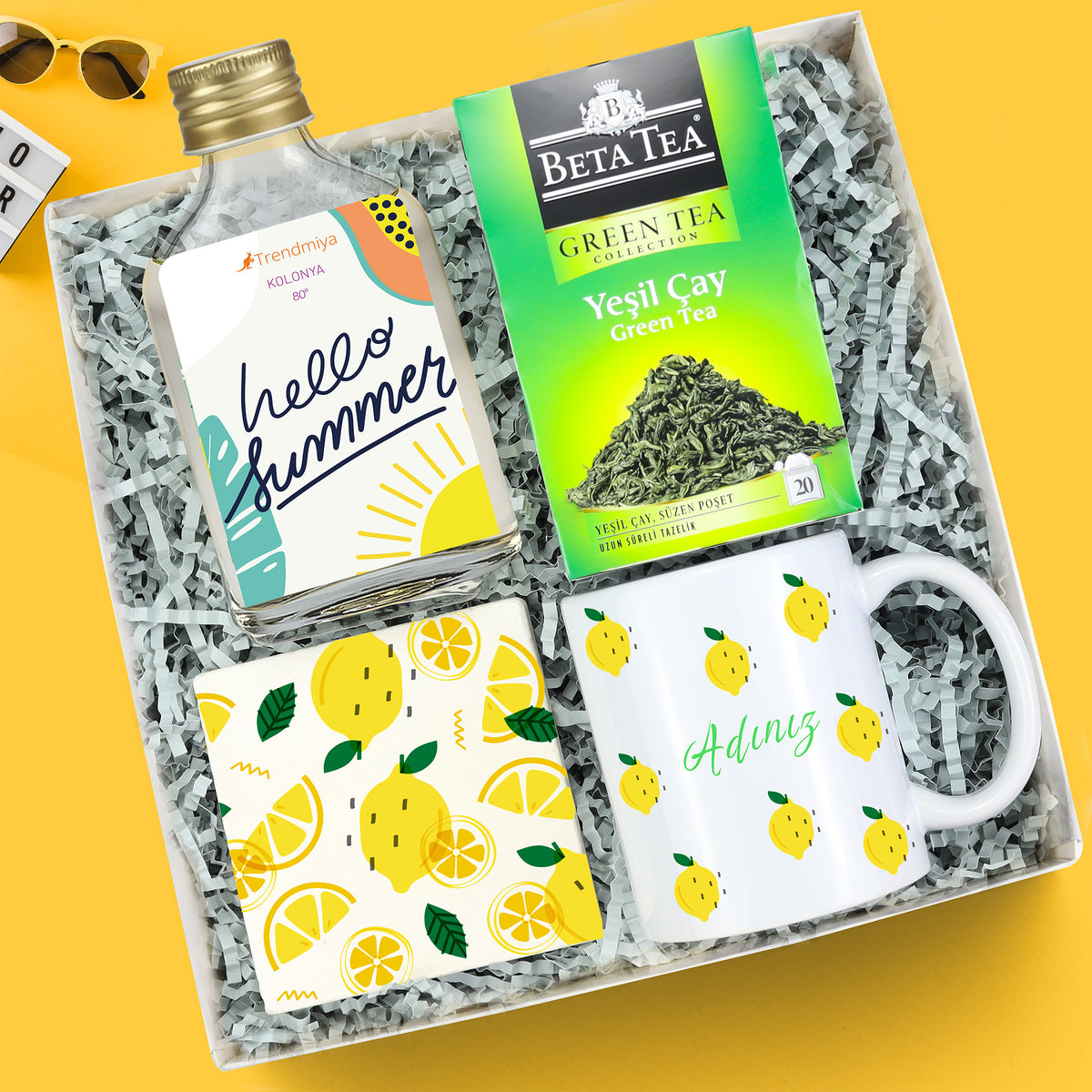 Kişiye Özel Kupa & Yeşil Çay & Bardak Altlığı & Kolonya Yaz Hediye Seti