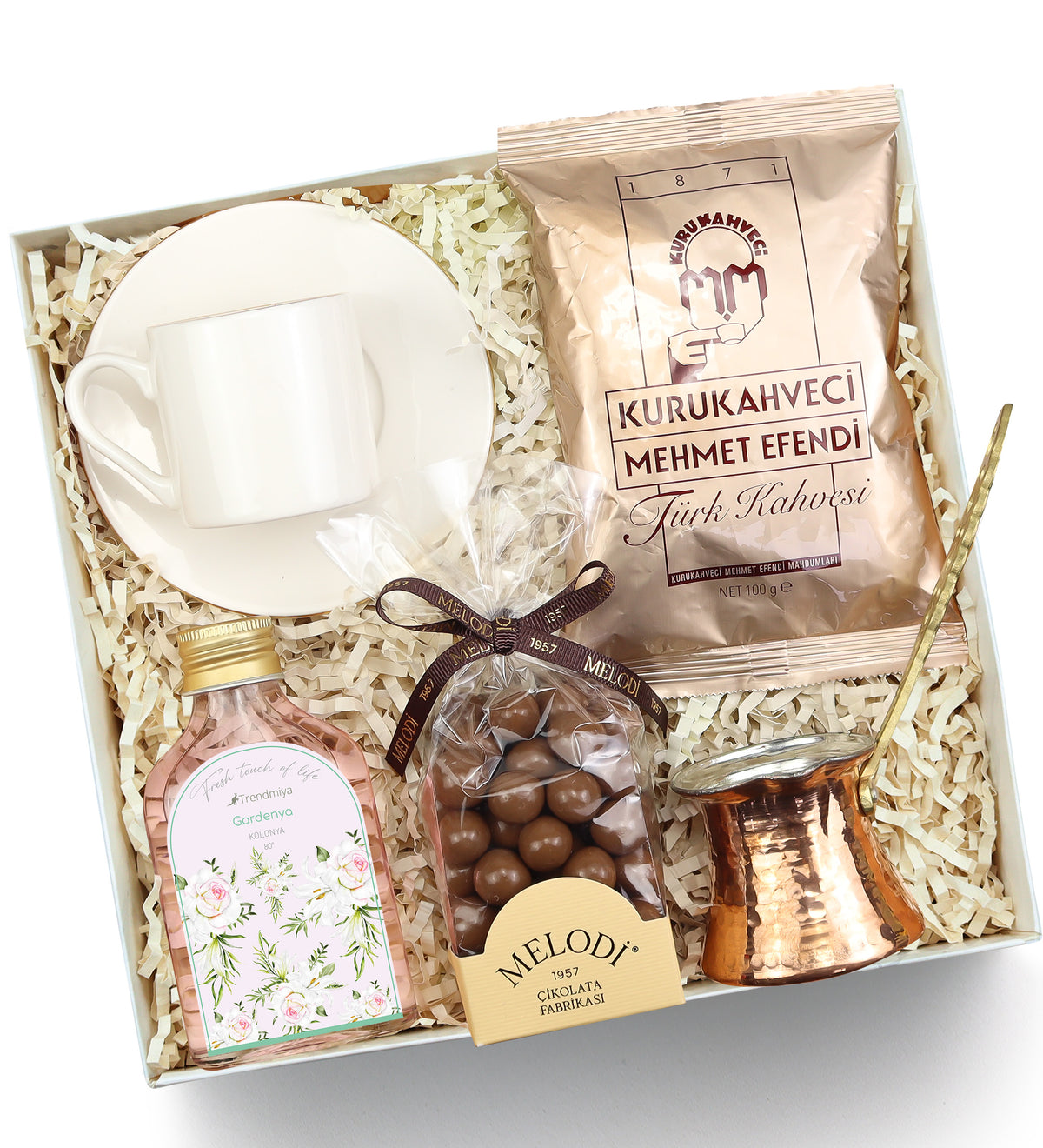 Melodi Çikolata & Mehmet Efendi Türk Kahvesi & Fincan & Cezve & Kolonya Hediye Seti