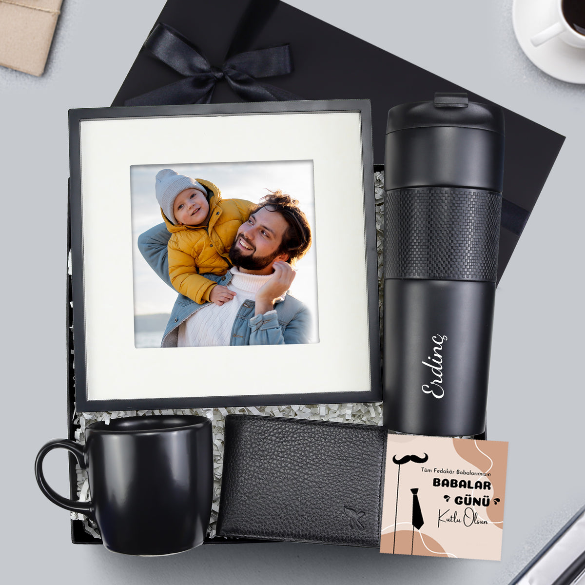 French Press Termos & 21x21 cm Paspartu Çerçeve & C146-1 Hakiki Deri Cüzdan & Siyah Kupa