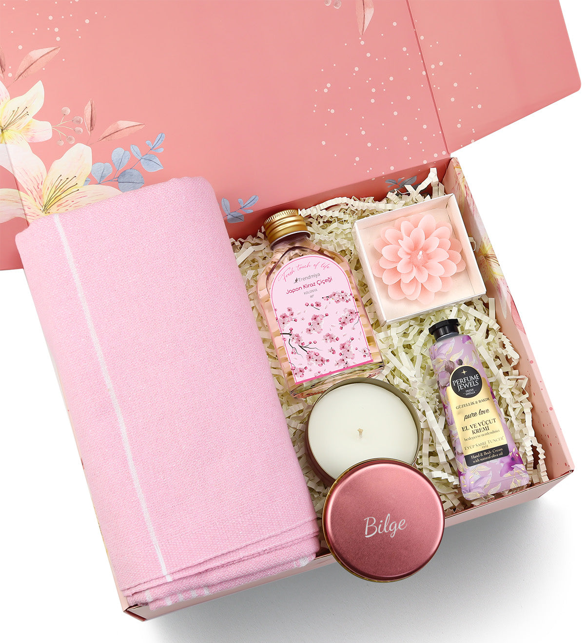 Eyüp Sabri Tuncer El ve Vücut Kremi & Peştemal & Lotus Mum & Metal Kutulu Mum & Trendmiya Japon Kiraz Çiçeği Kolonyası Hediye Seti