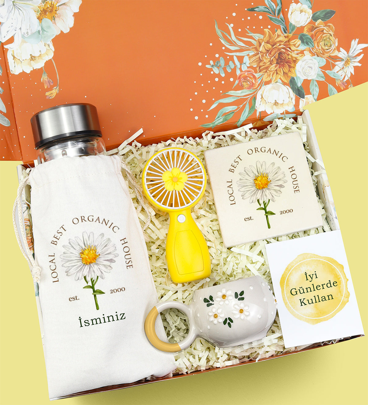 El Yapımı Kupa & Bez Kılıflı Dereceli Cam Matara & Taş Bardak Altlığı & El Fanı Hediye Seti