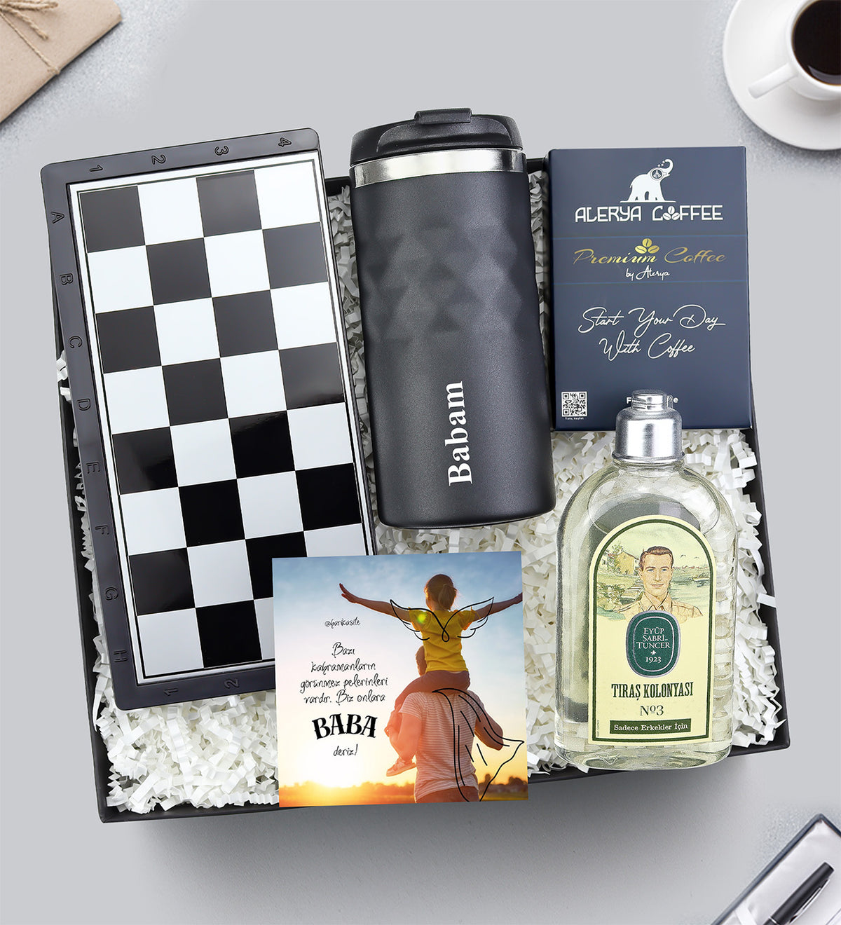 Manyetik Satranç - Tavla - Dama & Kristal Termos & Eyüp Sabri Tuncer Tıraş Kolonyası & Premium Filtre Kahve