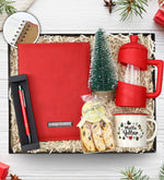 Kişiye Özel Kırmızı Spiralli 2026 Yeni Yıl Tarihli Ajanda & Gümüş Renk Detaylı Kırmızı Tükenmez Kalem & Ahşap Zeminli Mini Çam Ağacı & Mutlu Yıllar Temalı Vintage Kupa & Bademli Kurabiye & Kırmızı French Press Hediye Seti