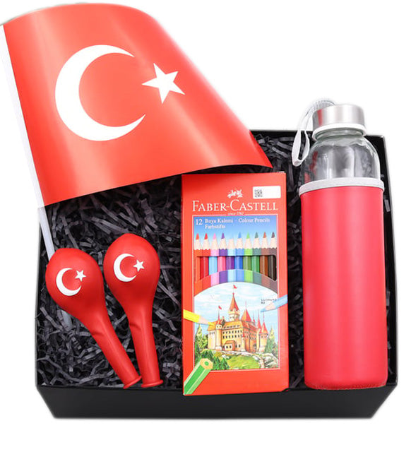 Faber-Castell 12'li Boya Kalemi & Balon & Türk Bayrağı & Matara 23 Nisan Hediye Seti