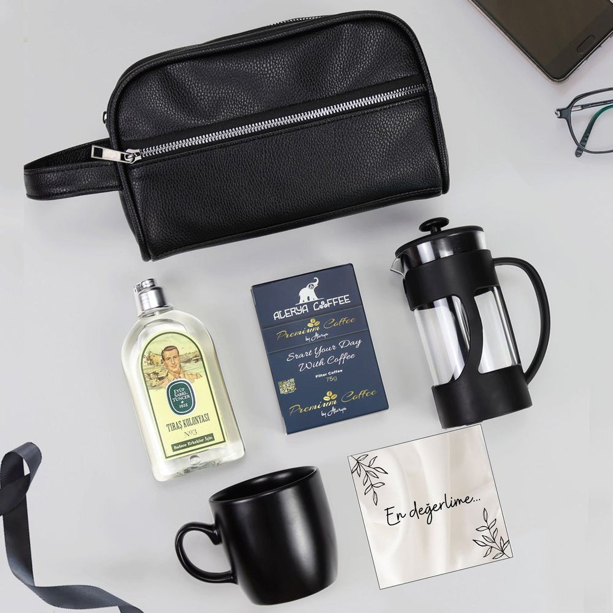Siyah Suni Deri Erkek El Çantası & Eyüp Sabri Tuncer Tıraş Kolonyası & Alerya Premium Filtre Kahve & Siyah French Press & Siyah Kupa Hediye Seti