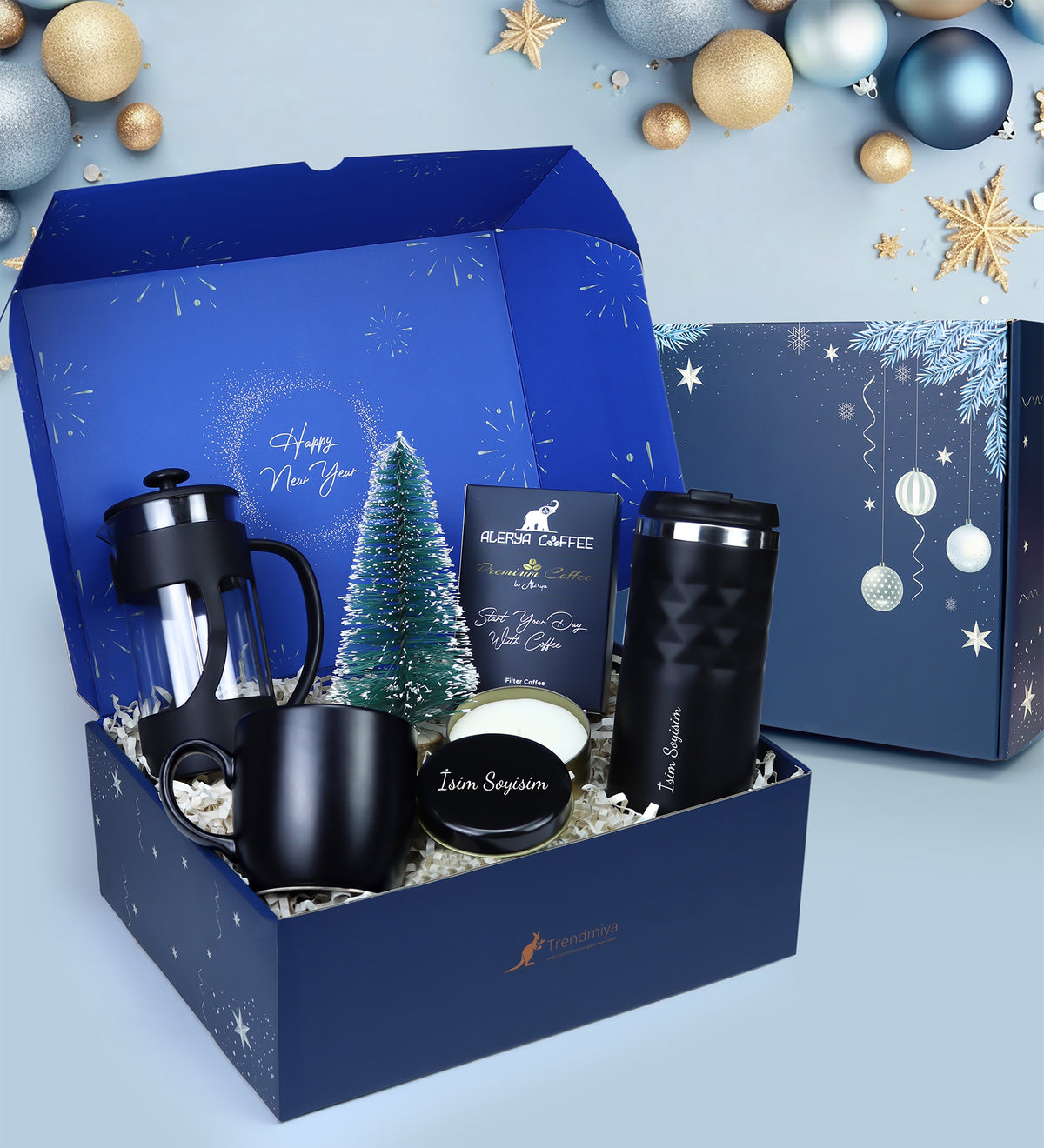 Yılbaşına Özel Kutusunda Siyah Kristal Termos & French Press & Alerya Premium Filtre Kahve & Siyah Kupa Çam Ağacı & Siyah Metal Kutulu Mum