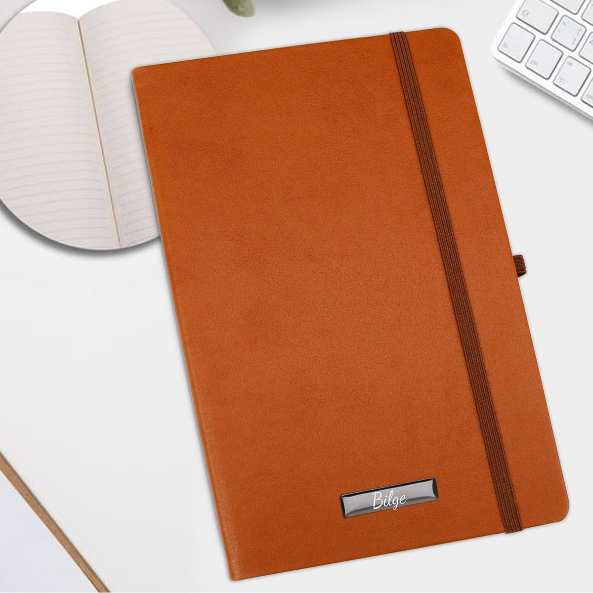 Kişiye Özel Kahverengi Defter & Mat Roller Kalem & Turuncu Çizgili Porselen Kupa & Alerya Guatemala Filtre Kahve Hediye Seti