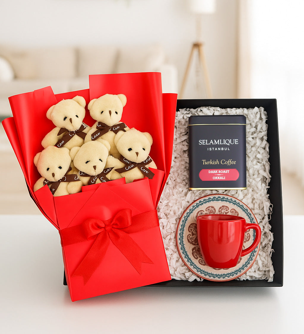 Ayıcık Buketi & Fincan & Türk Kahvesi Hediye Seti