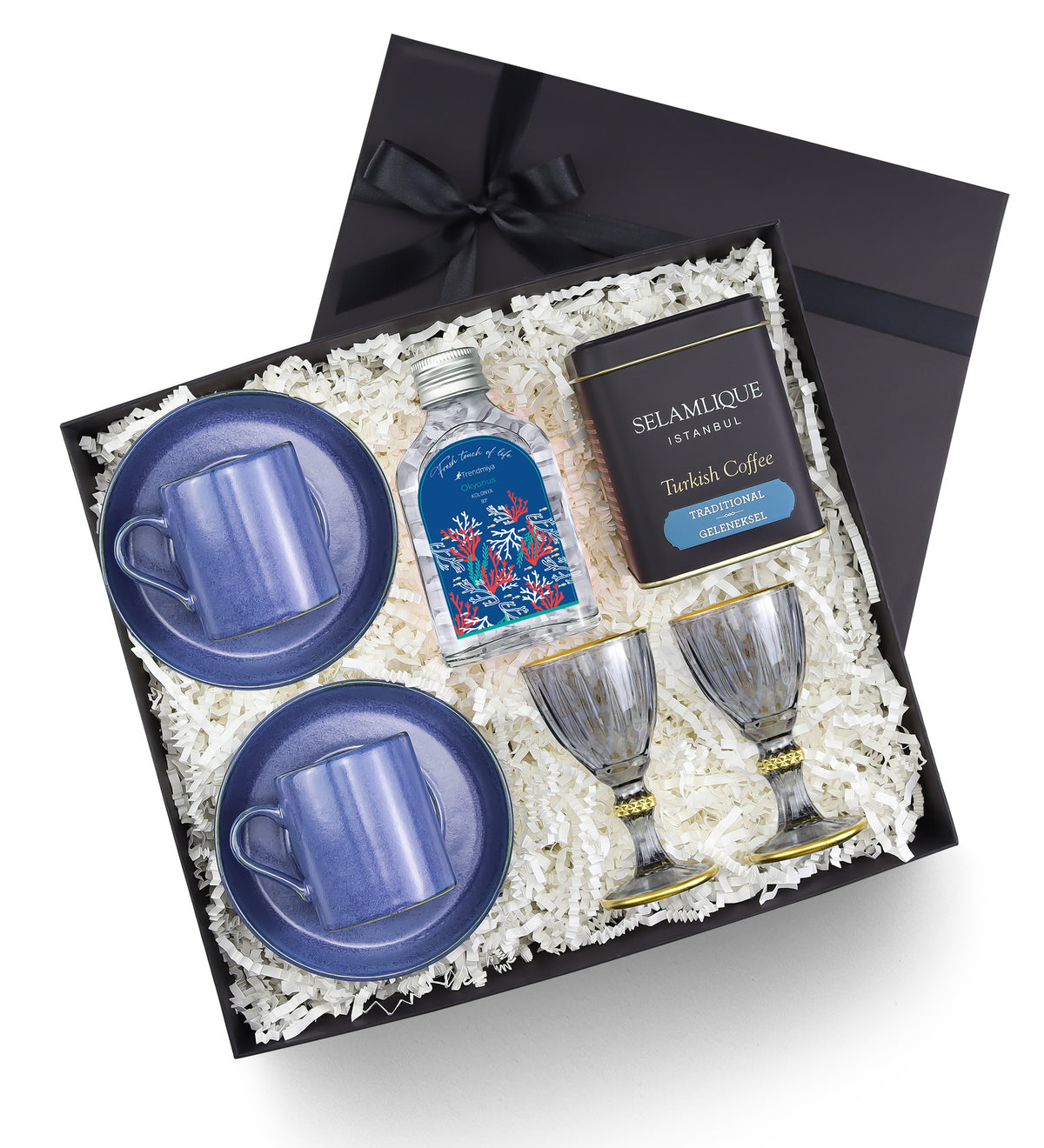 100ml Kolonya & Türk Kahvesi & 2'li Fincan ve Kahve yanı Bardağı Premium Hediye Seti
