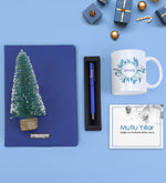Kişiye Özel Mavi Spiralli Yeni Yıl Tarihli Ajanda & Mavi Mat Roller Kalem & Baskılı Kupa & Ahşap Zeminli Mini Çam Ağacı Hediye Seti
