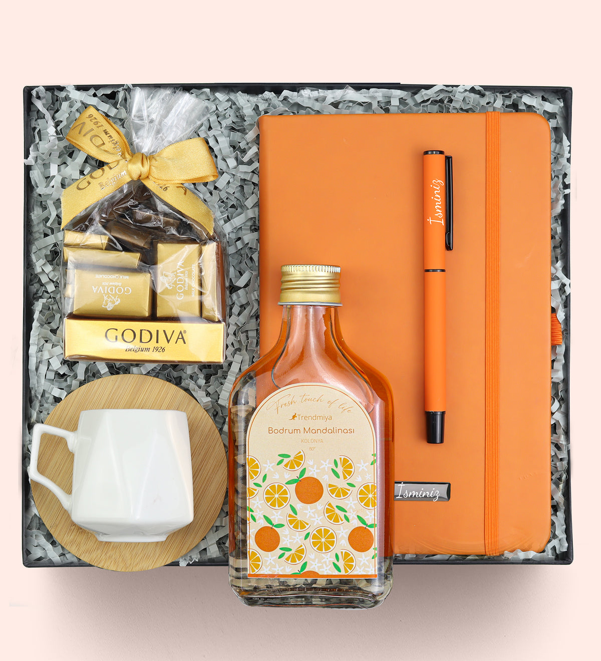 Kişiye Özel Defter & Kalem & Kolonya & Fincan & Godiva Çikolata Hediye Seti