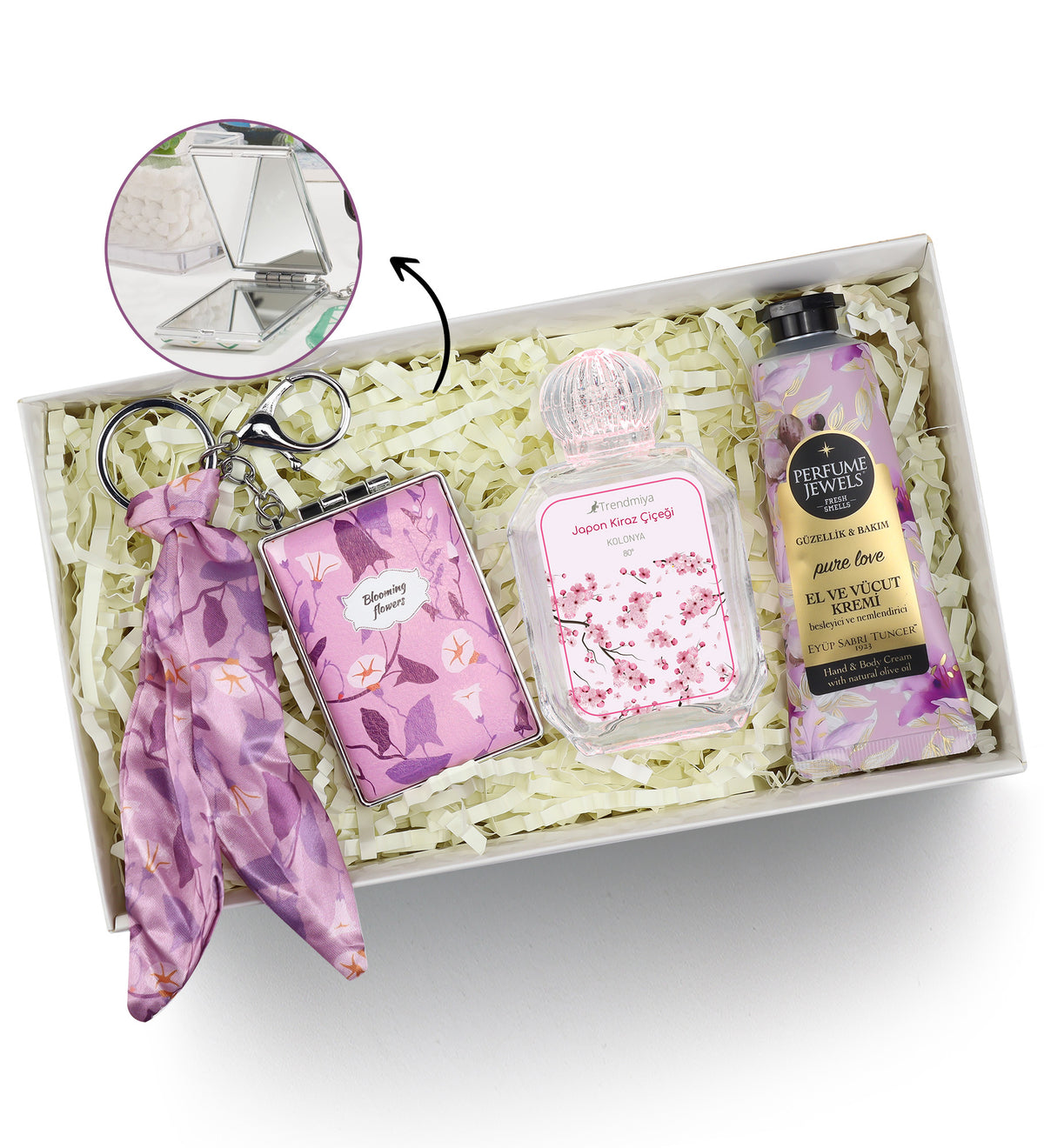 Eyüp Sabri Tuncer El ve Vücut Kremi & Fularlı Çanta Aynası & Japon Kiraz Çiçeği Kolonyası Hediye Seti
