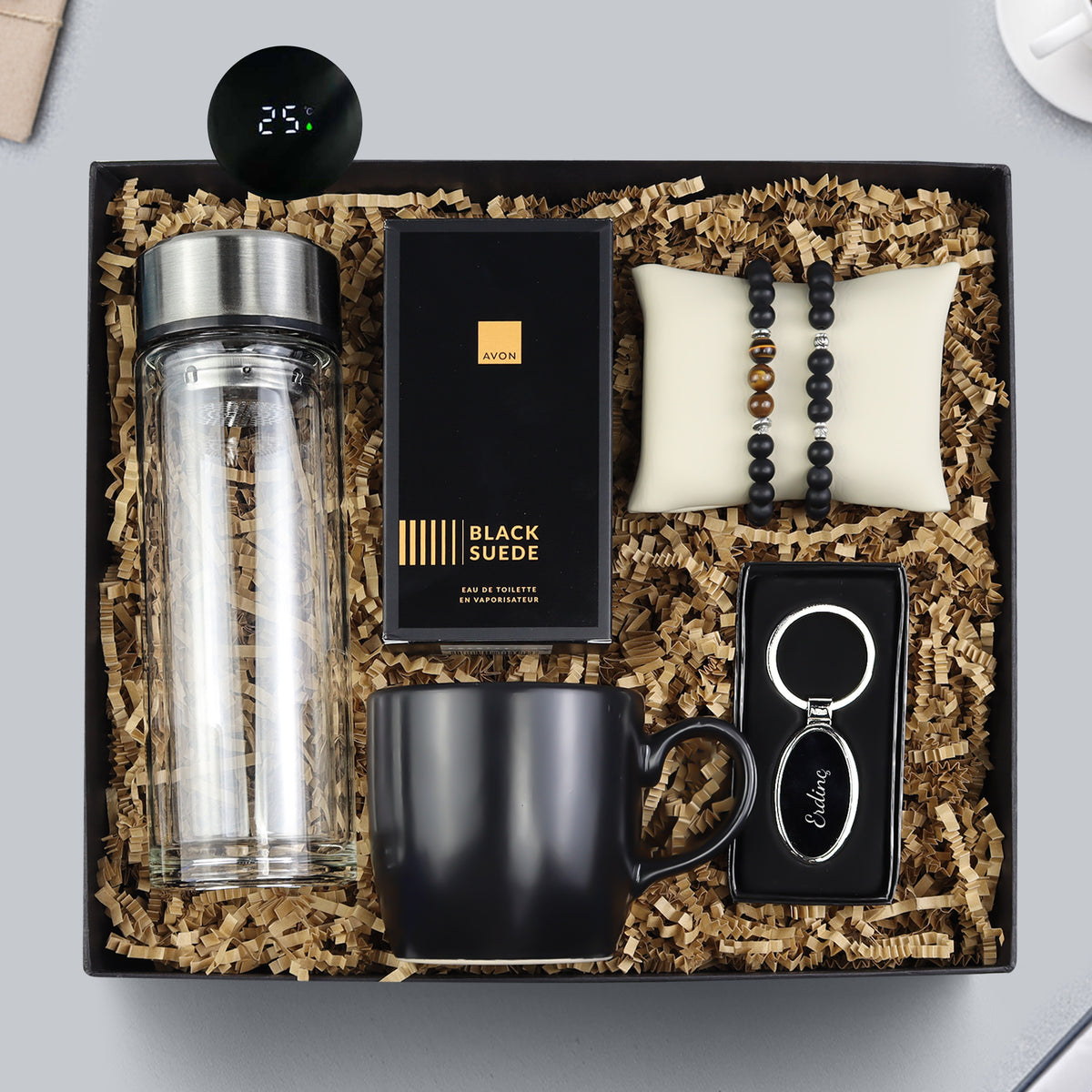 Dereceli Cam Matara & Avon Black Suede Parfüm & Anahtarlık & 2'li Bileklik & Siyah Kupa