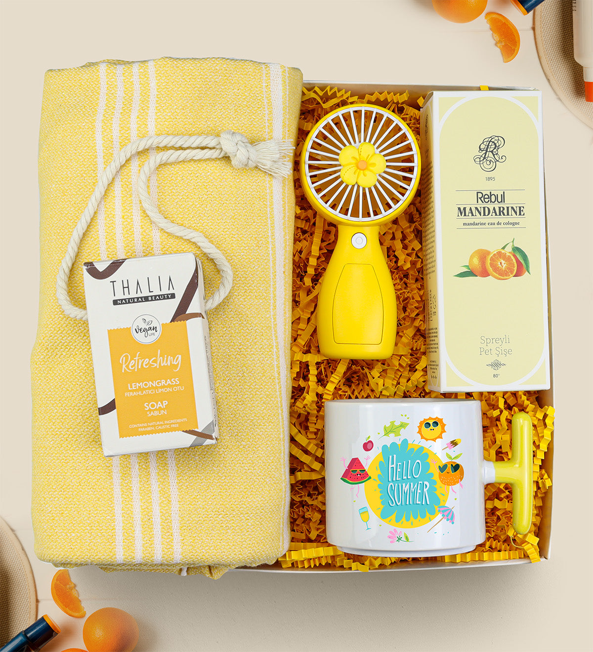 Rebul Kolonya & Peştemal & Thalia Sabun & El Fanı & T Kupa Yaz Hediye Seti
