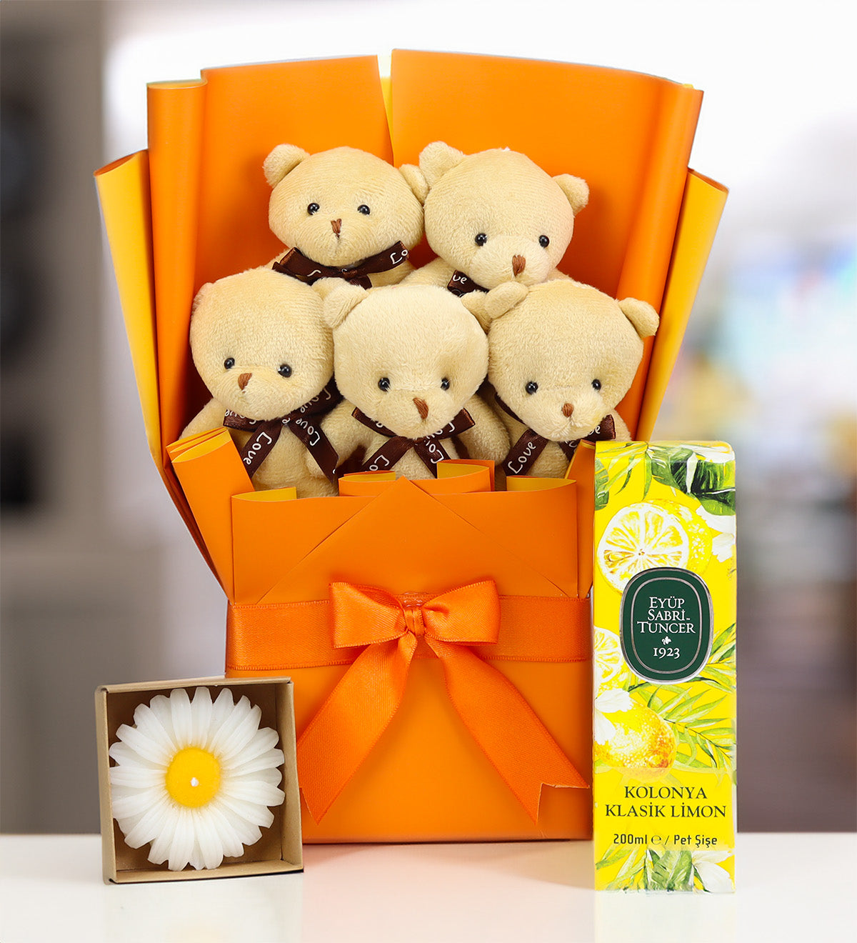 Ayıcık Buketi & Kolonya & Mum Hediye Seti