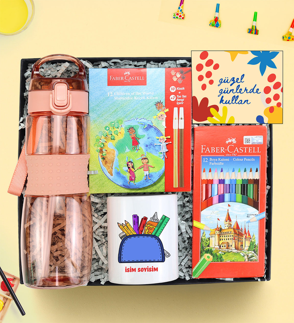 Pipetli Matara 750ml & Kalemlik & Faber Castell Boya Kalemi & 12'li Keçeli Kalem Hediye Seti