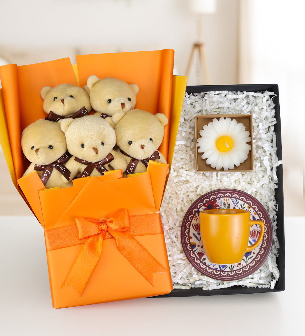 Ayıcık Buketi & Fincan & Mum Hediye Seti