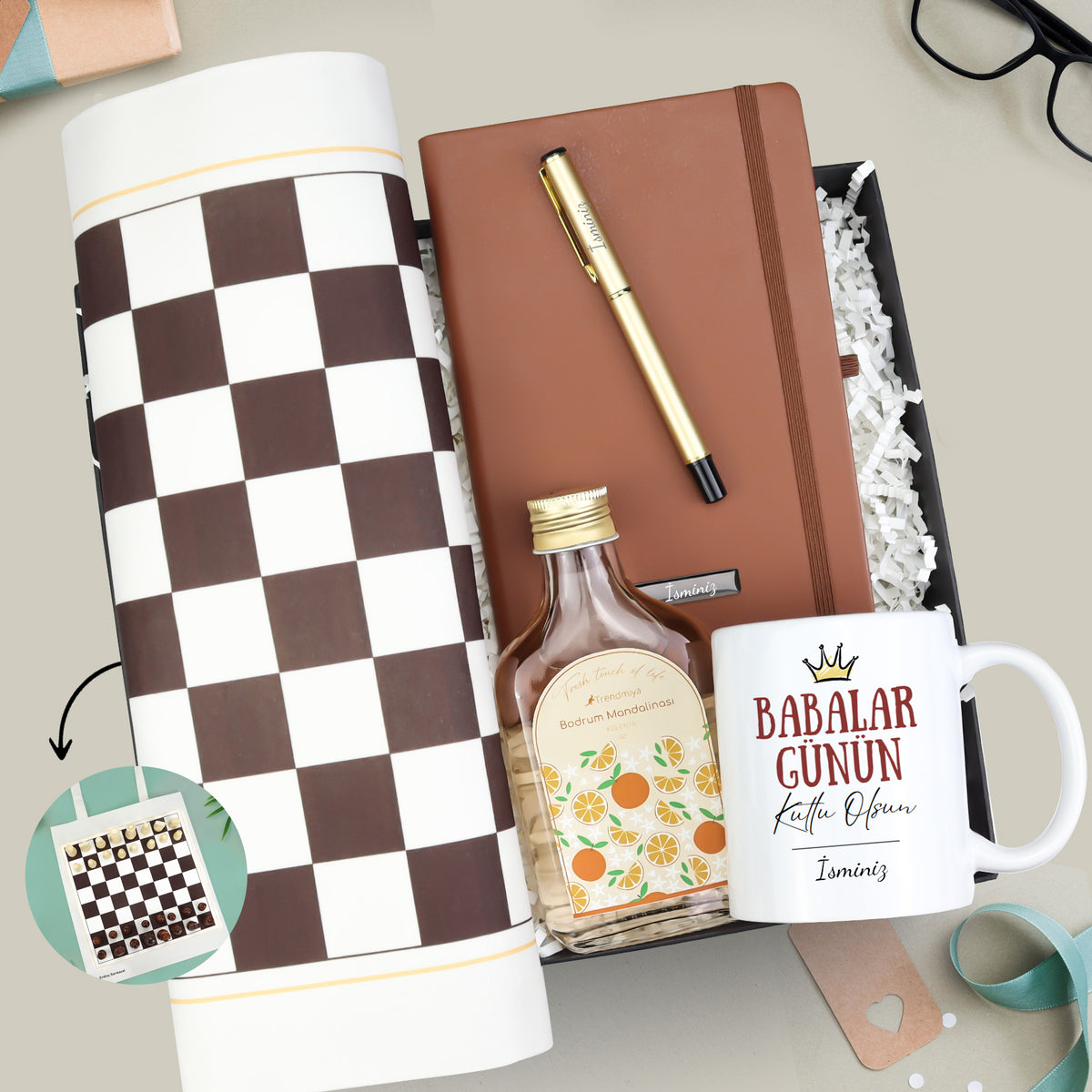 Selamlıque Türk Kahvesi & Satranç Baskılı Bez Çanta & Defter & Kolonya & Kalem & Kupa Babalar Günü Hediye Seti