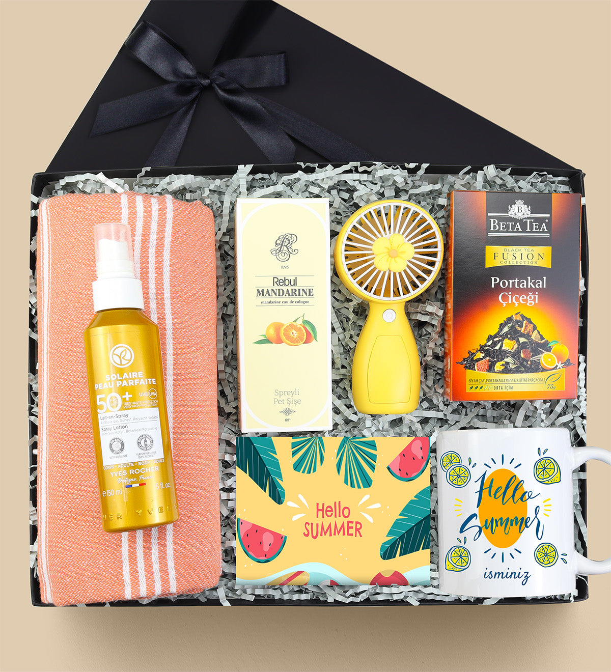 Peştemal & Yves Rocher Vücut Güneş Spreyi & Rebul Kolonya & Bitki Çayı & Kupa Bardak & El Fanı Hediye Seti