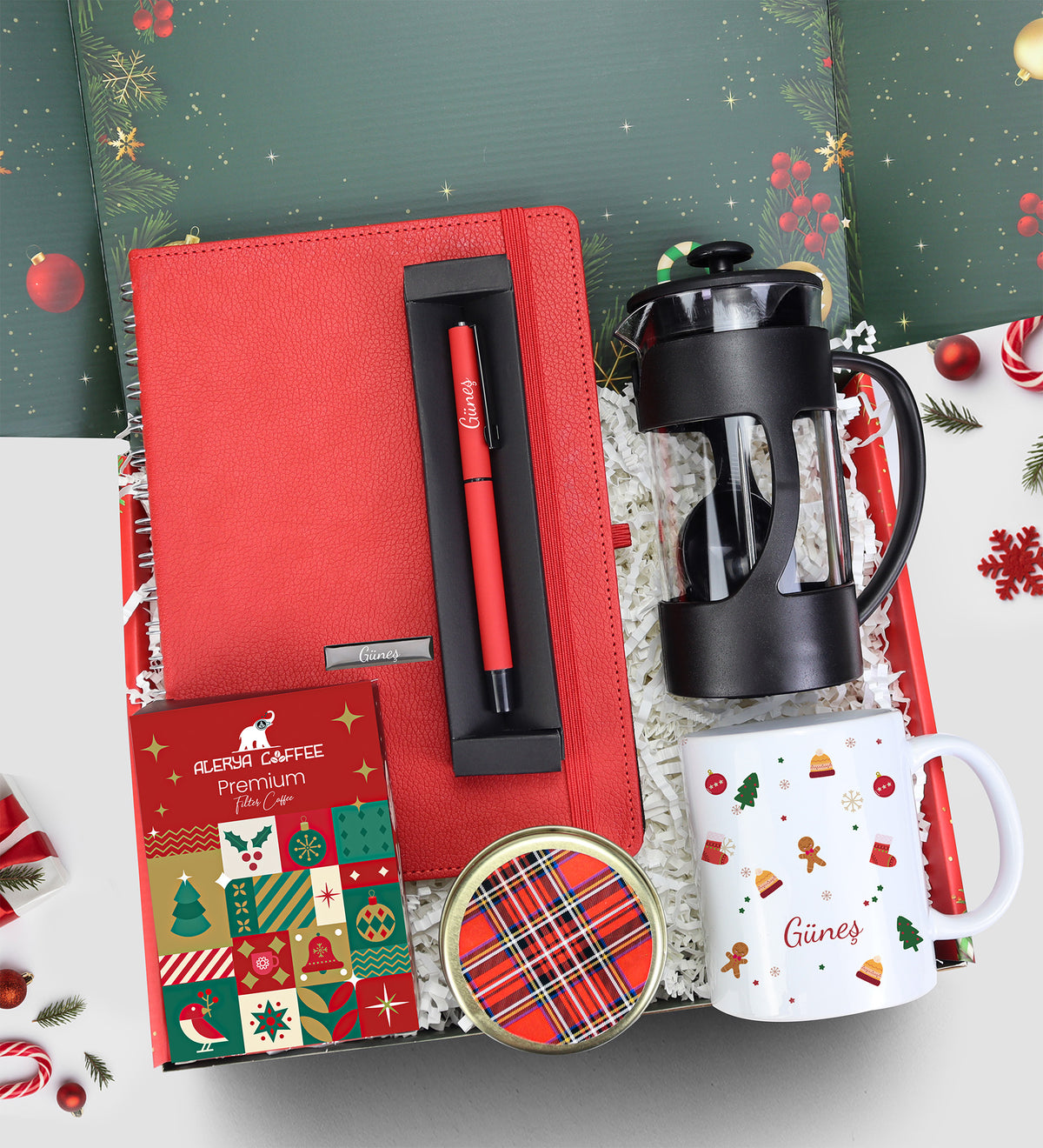 Ajanda & Roller Kalem & French Press & Kupa & Filtre Kahve & Mum Hediye Seti