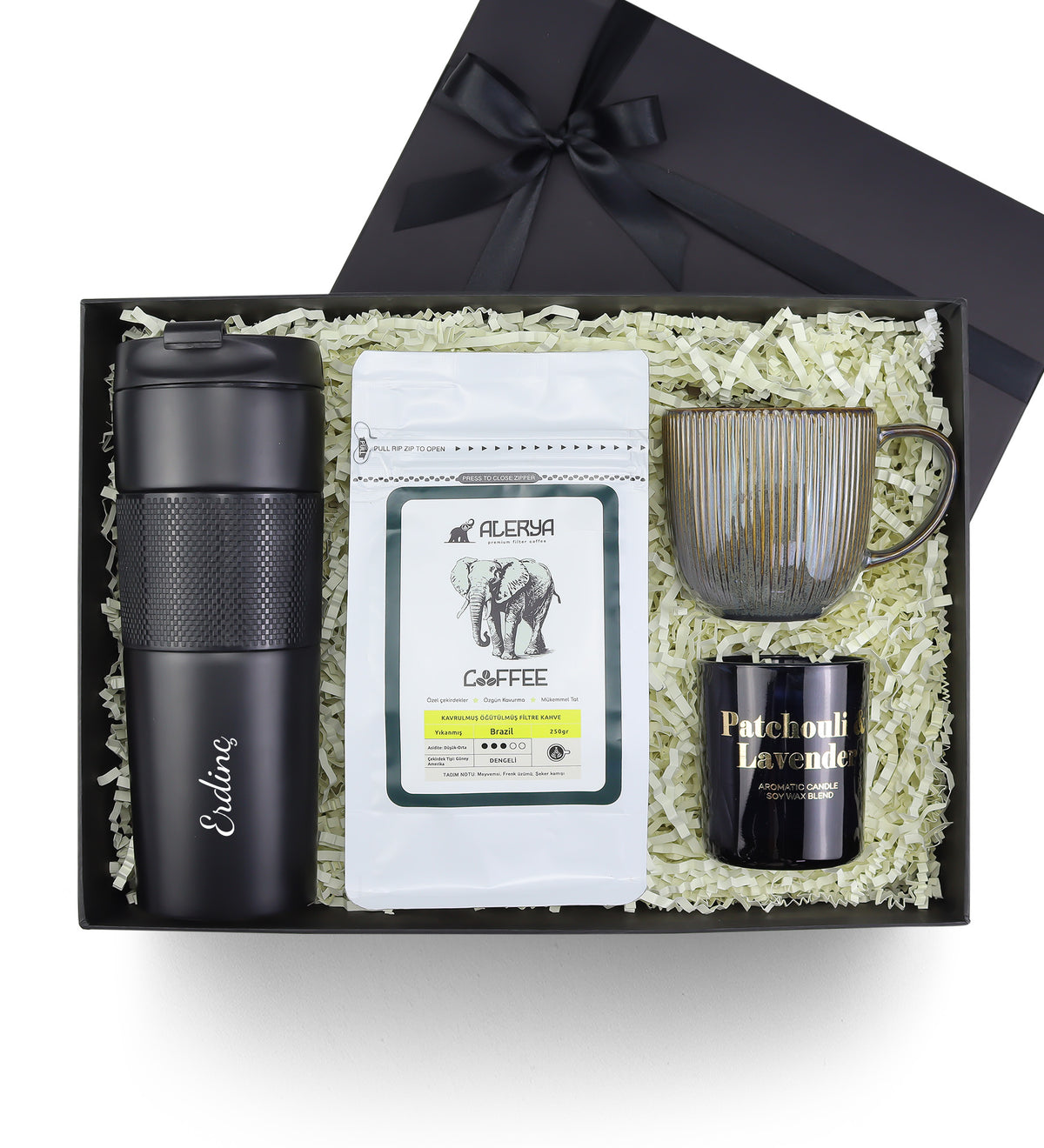 250gr Filtre Kahve & Kupa & Termos & Rakle Mum Premium Hediye Kutusu