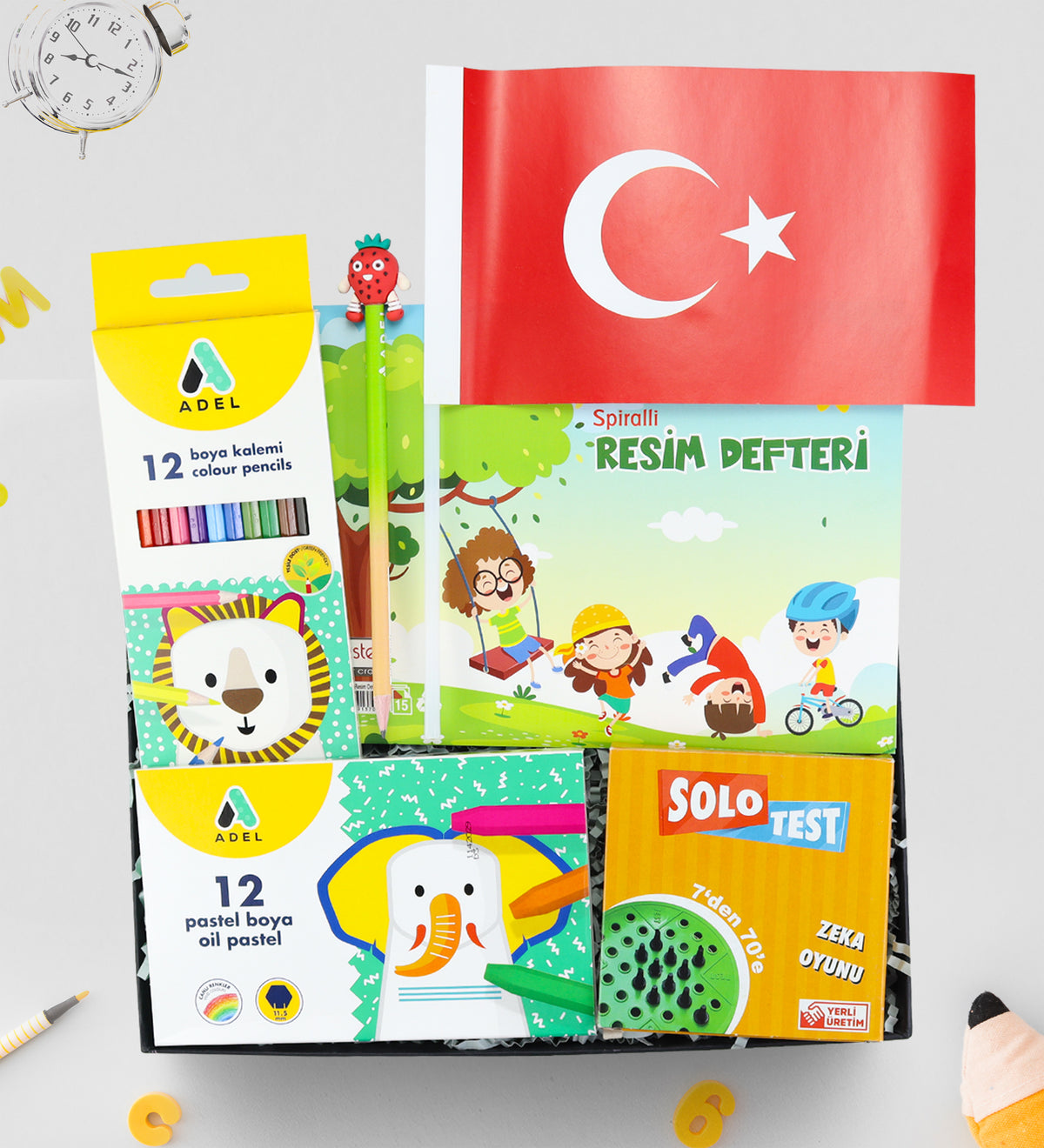 Resim Defteri & Adel Boya Kalemi & Pastel Boya & Solo Test & Figürlü Kurşun Kalem & Bayrak Hediye Seti