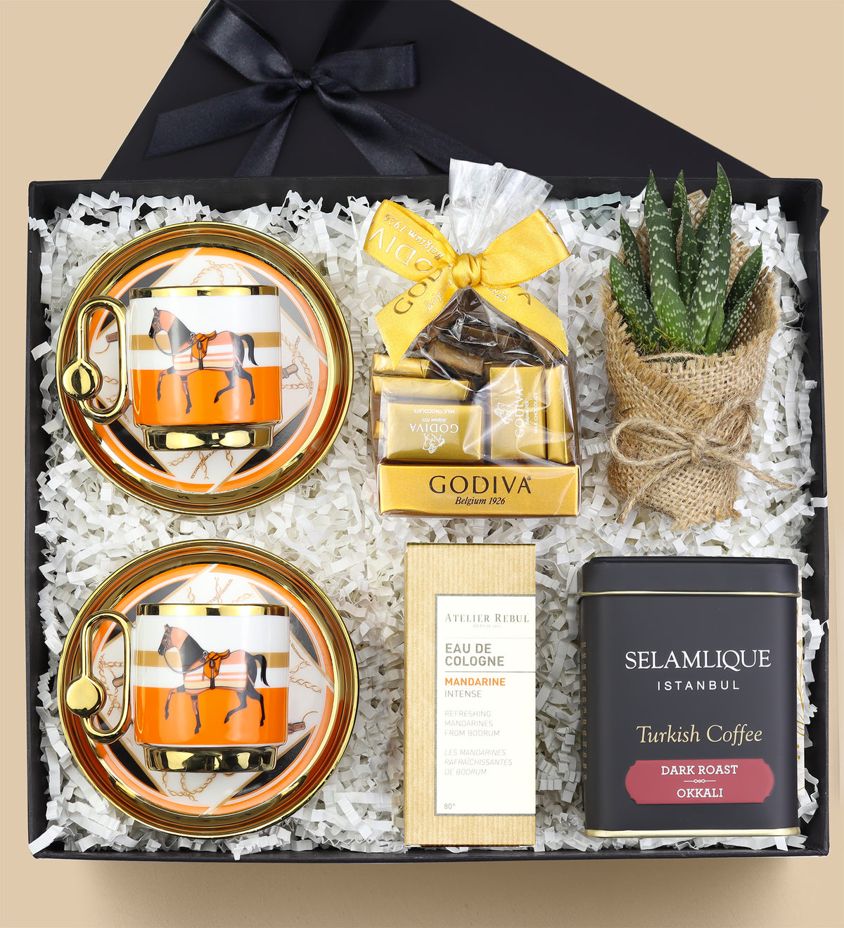 Godiva Çikolata & 2li Fincan & Atelier Rebul Kolonya & Selamlıque Türk Kahvesi & Canlı Sukulent Çiçek Premium Hediye Seti