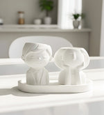 Dekoratif Standlı Alçı Kız ve Erkek Figür Saksı Biblo Seti