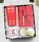 Silikon Halkalı 500 ml Siyah Termos & Anı-Seyahat Defteri & Gold Detaylı Roller Kalem & Kupa & Gold Metal Kutulu Mum Hediye Seti