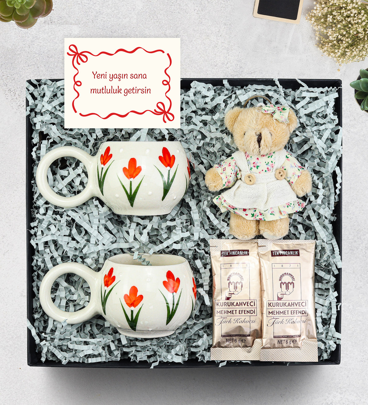 2'li El Yapımı Kupa & Ayıcık Anahtarlık & 2'li Tek İçimlik Mehmet Efendi Türk Kahvesi Hediye
