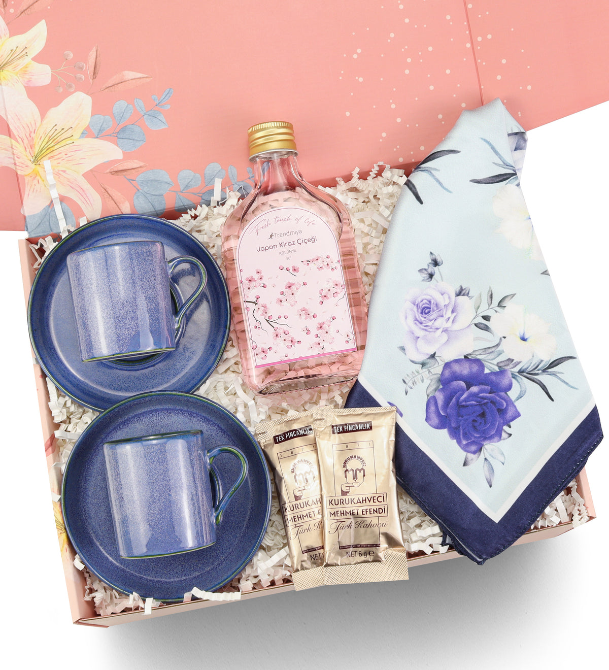 2'li Mavi Porselen Fincan & 200 ml Trendmiya Kolonya & Mavi Çiçekli Fular & 2'li Tek İçimlik Türk Kahvesi